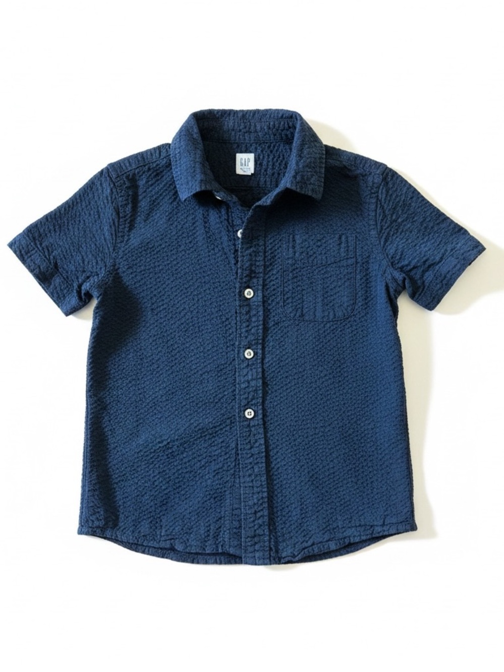 GAP Navy Textured Short Sleeve Button-Down Shirt
